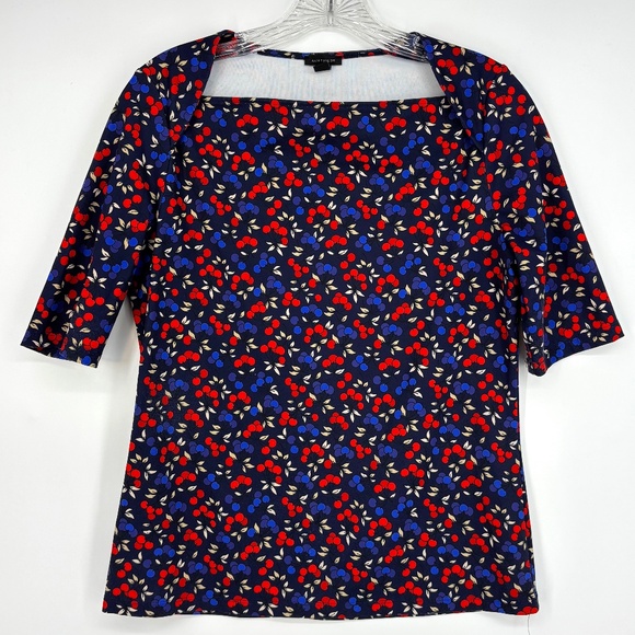 Ann Taylor Womens Small Pullover Knit Top Foldover Neckline Red Blue Cherry Prin - Picture 1 of 9